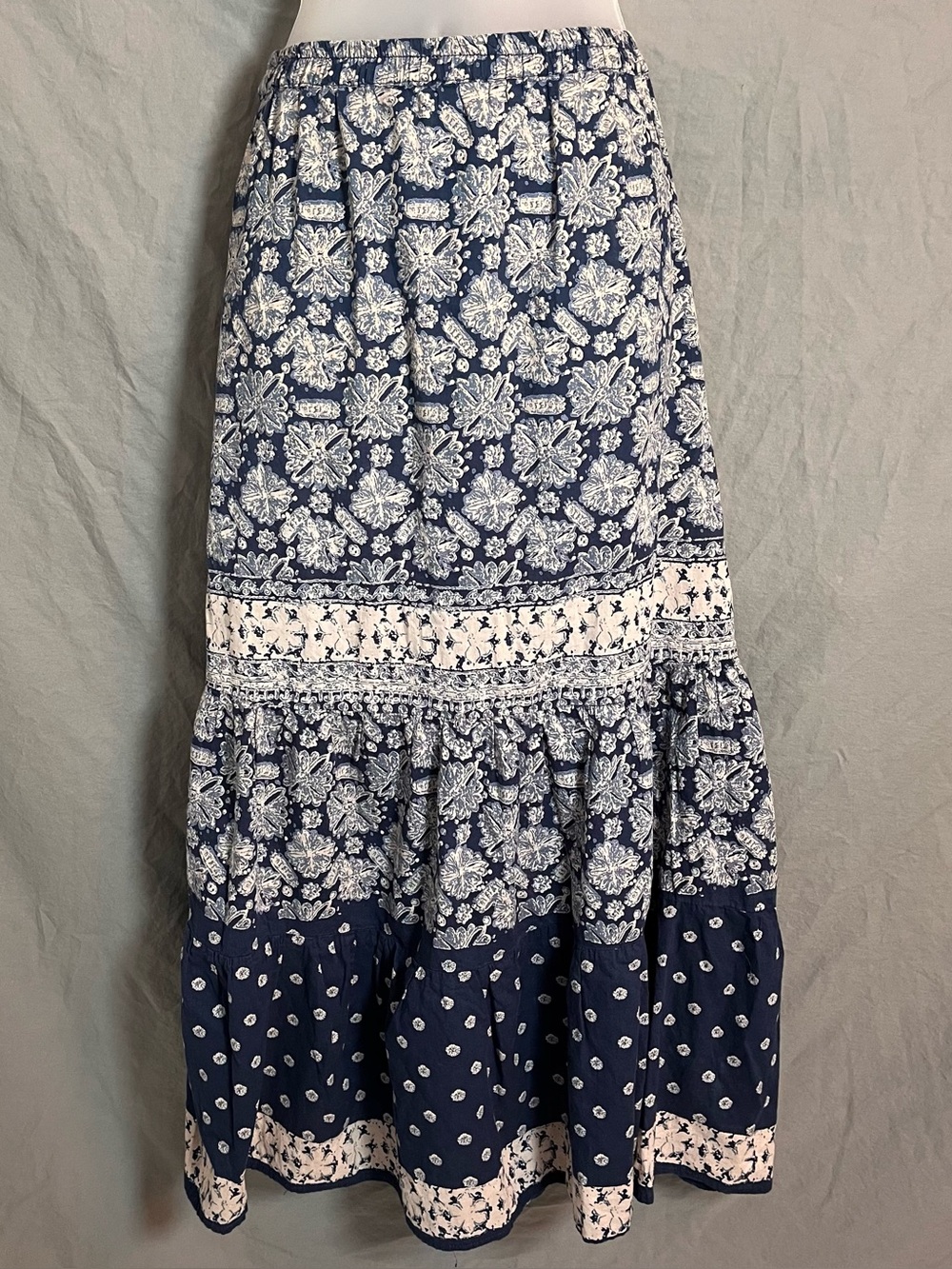 Angie Patchwork Boho Floral Tiered Maxi Skirt Navy Blue Cream Medium